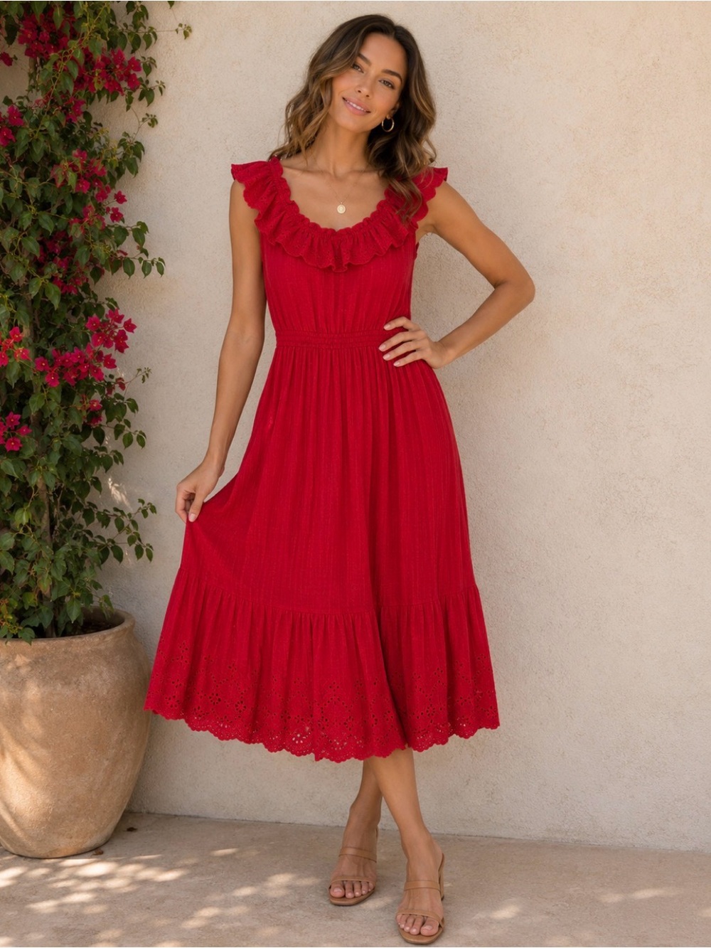 Coach sleeveless crimson eyelet ruffle elastic waist with pockets midi dress